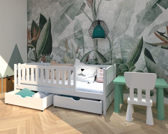 białe łóżko dziecięce Lena Premium,idealne łóżko dla dwulatka,niskie łóżko wysokie zabezpieczenia, szuflady z małym wcięciem od producenta Valor Meble.jpg