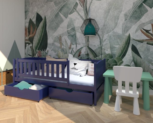 granatowe łóżko dla czterolatka Lena Premium,drewniane bezpieczne łóżko dziecięce,szuflady na pościel,, bezpieczna barierka,najlepsze łóżko dla trzylatka.jpg