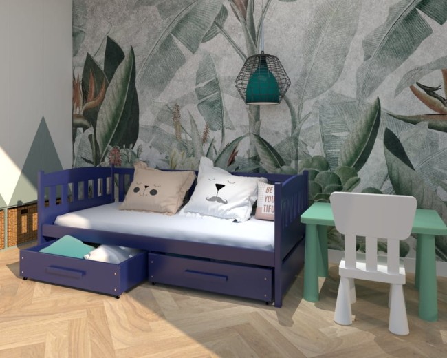 łóżko dla czterolatka Lena Premium,drewniane bezpieczne łózko w kolorze granatowym,szuflady na pościel,, bezpieczna barierka,najlepsze łóżko dla trzylatka.jpg