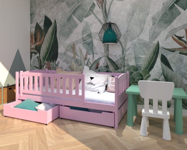 różowe łóżko dla małej dziewczynki Lena Premium,bezpieczne łóżko z wysoką barierką,łóżko z szufladami na pościel od producenta Valor Meble, pastelowy róż.jpg