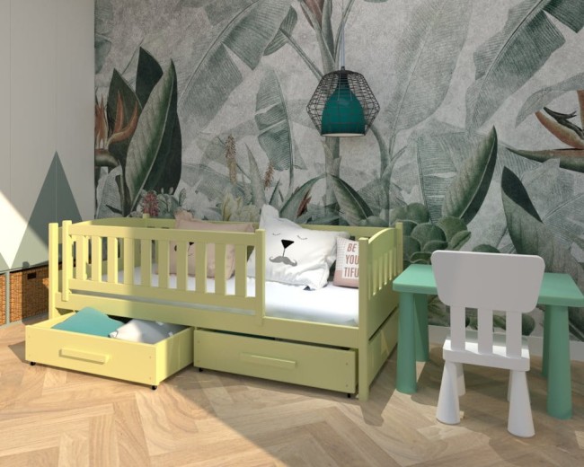 łóżko dla dwulatka Lena Premium,żółte  bezpieczne łóżko z barierką dla dziewczynki, szuflady na pościel,drewniane łóżko od producenta Valor Meble.jpg