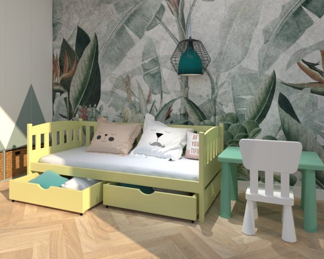 żółte łóżko dla dwulatka Lena Premium, bezpieczne łóżko z barierką dla dzieci, szuflady na pościel,drewniane łóżko od producenta Valor Meble.jpg