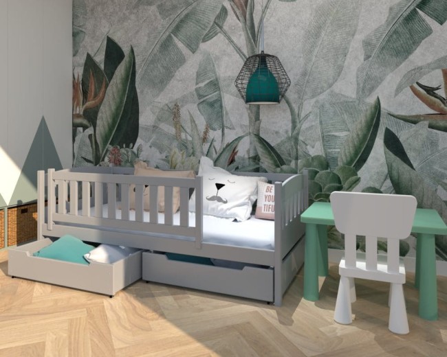 popielate łóżko dla dwulatka Lena Premium,bezpieczne łóżko do pokoju chłopca,drewniane łóżko z szufladami na pościel od producenta Valor Meble.jpg