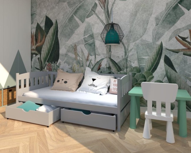 popielate łóżko dla dwulatka Lena Premium,bezpieczne łóżko do pokoju dziecka,drewniane łóżko z szufladami na pościel od producenta Valor Meble.jpg