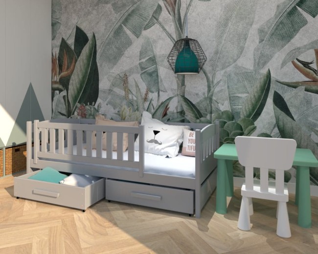 popielate łóżko dla dwulatka Lena Premium,bezpieczne łóżko do pokoju dziewczynki,drewniane łóżko z szufladami na pościel od producenta Valor Meble.jpg
