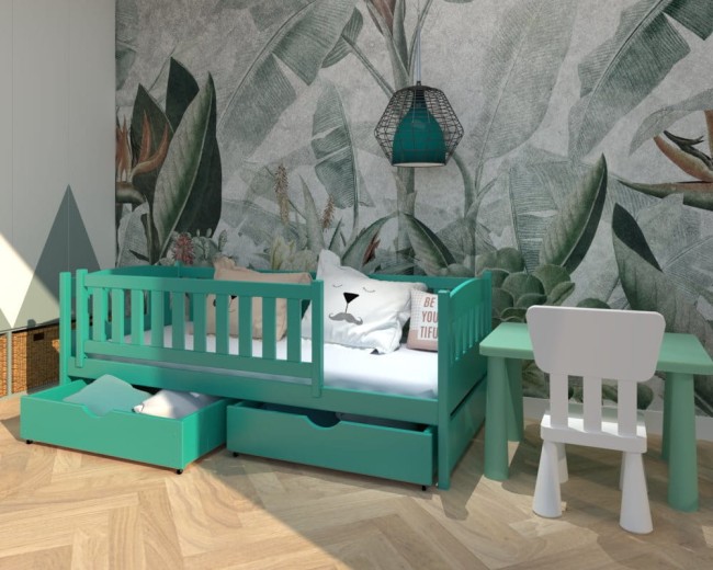 łóżko dla malucha Lena Premium,bezpieczne łóżko dla dwulatka, drewniane łóżko do pokoju dwulatka od producenta Valor Meble, szuflady na pościel.kolor turkus.jpg