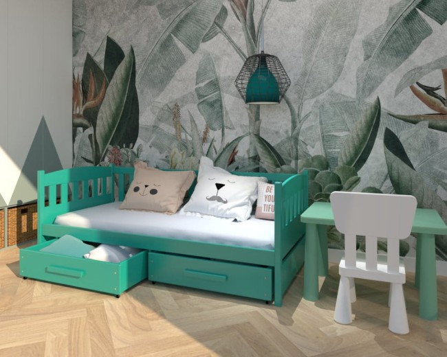 łóżko dla malucha Lena Premium,bezpieczne łóżko dla dwulatka, drewniane łóżko do pokoju dwulatka od producenta Valor Meble, szuflady na pościel.kolor turkusow.jpg