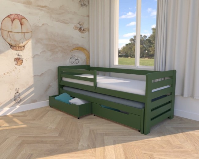 łóżko wysuwane dla bliżniaków Zuzia Premium,wysuwane dwuosobowe łóżko drewniane od producenta Valor Meble,praktyczne  drewniane łóżko z szufladami na pościel w kolorze boho.jpg