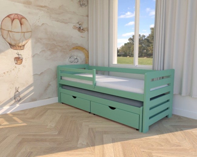 łóżko dla dzieci Zuzia Premium,nowoczesne dwuosobowe wysuwane łóżko do pokoju bliźniąt,łóżko w kolorze miętowym z szufladami na pościel od producenta Valor Meble.jpg