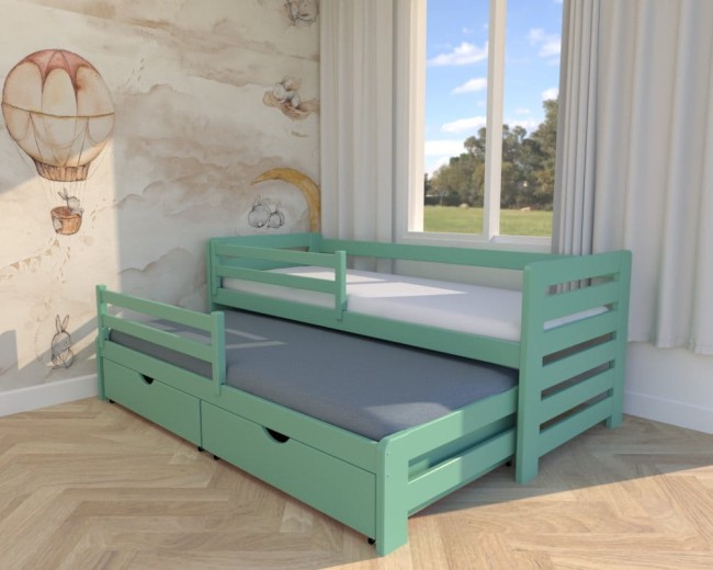 łóżko dla rodzeństwa Zuzia Premium,nowoczesne dwuosobowe wysuwane łóżko do pokoju rodzeństwa,łóżko w kolorze miętowym od producenta Valor Meble, łóżko z szufadami na pościel.jpg