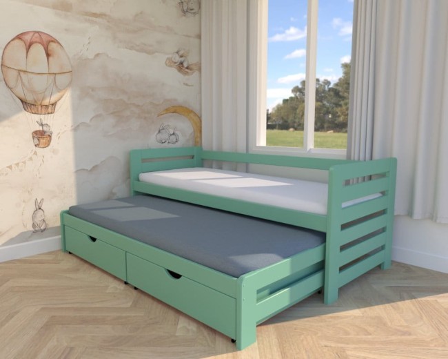 łóżko dla rodzeństwa Zuzia Premium,nowoczesne dwuosobowe wysuwane łóżko do pokoju rodzeństwa,łóżko w kolorze miętowym od producenta Valor Meble.jpg