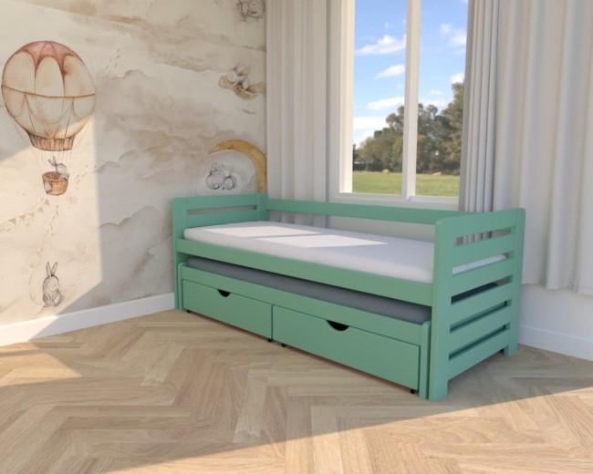 łóżko dla rodzeństwa Zuzia Premium,nowoczesne dwuosobowe wysuwane łóżko do pokoju rodzeństwa,łóżko w kolorze mięty od producenta Valor Meble, łóżko z szufadami na pościel.jpg