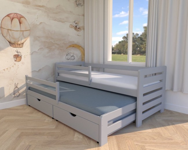 łóżko dla rodzeństwa Zuzia Premium, dwuosobowe łóżko do pokoju braci, drewniane łóżko z materacami i szufladami od producenta Valor Meble w kolorze popiel.jpg