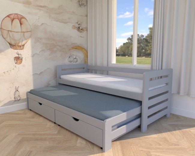 łóżko dla rodzeństwa Zuzia Premium, dwuosobowe łóżko do pokoju chłopców, drewniane łóżko z materacami i szufladami od producenta Valor Meble w kolorze popiel.jpg