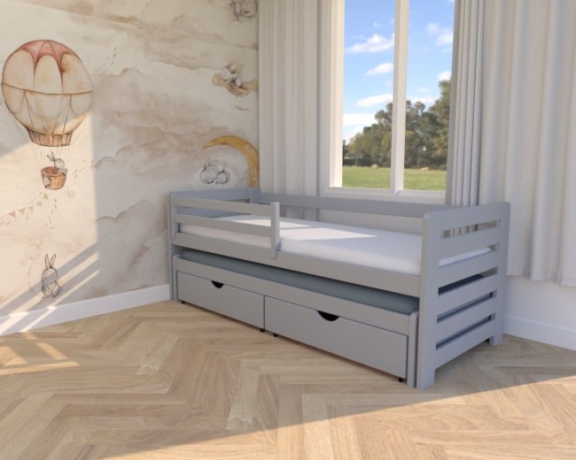 łóżko dla rodzeństwa Zuzia Premium, dwuosobowe łóżko do pokoju siostrzyczek drewniane łóżko z materacami i szufladami od producenta Valor Meble w kolorze popiel.jpg