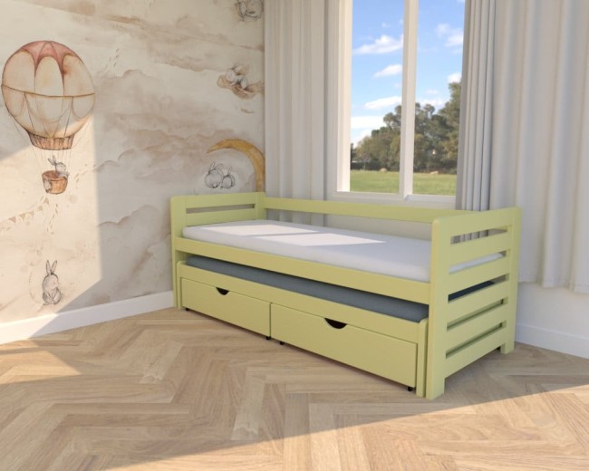 łóżko dla rodzeństwa Zuzia Premium,dwuosobowe łóżko do pokoju dziecięcego materacami i szufladami na pościel od producenta Valor Meble kolor żółty.jpg