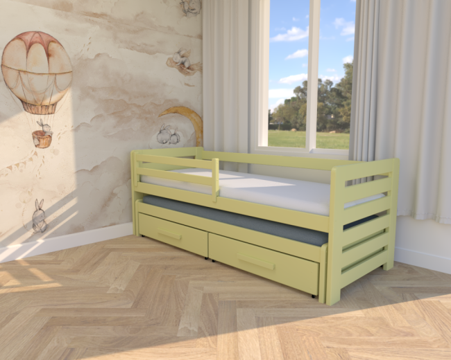 łóżko dla rodzeństwa Zuzia Premium,nowoczesne podwójne łóżko do pokoju dziecięcego,łóżko z materacami i szufladami na pościel od producenta Valor Meble kolor żółty.png