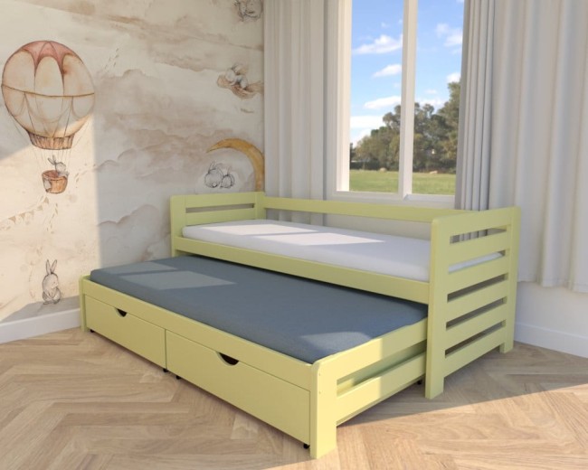 łóżko dla rodzeństwa Zuzia Premium,nowoczesne żółte podwójne łóżko do pokoju dziecięcego,łóżko z materacami i szufladami na pościel od producenta Valor Meble.jpg