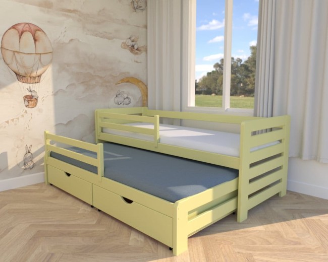 łóżko dla rodzeństwa Zuzia Premium,żółte podwójne łóżko do pokoju dziecięcego,łóżko z materacami i szufladami na pościel od producenta Valor Meble.jpg