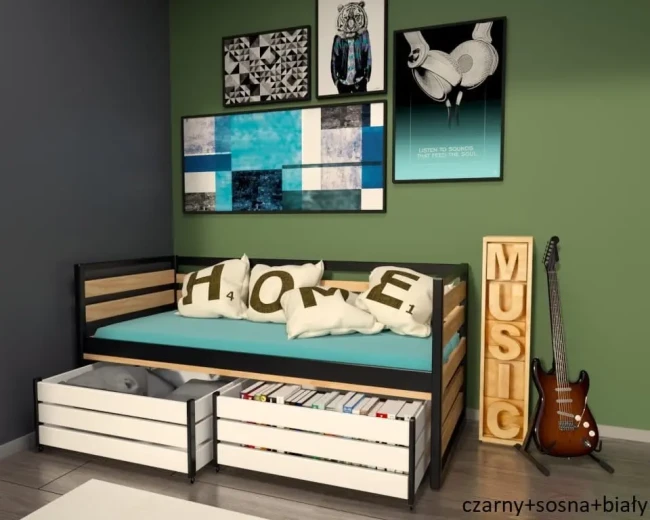 Modne łóżko młodzieżowe Gilbert Premium wykonane z drewna sosnowego bez sęków. Idealne do pokoju nastolatka. Kolory czarny połączony z naturalną sosną. Białe praktyczne szuflady.