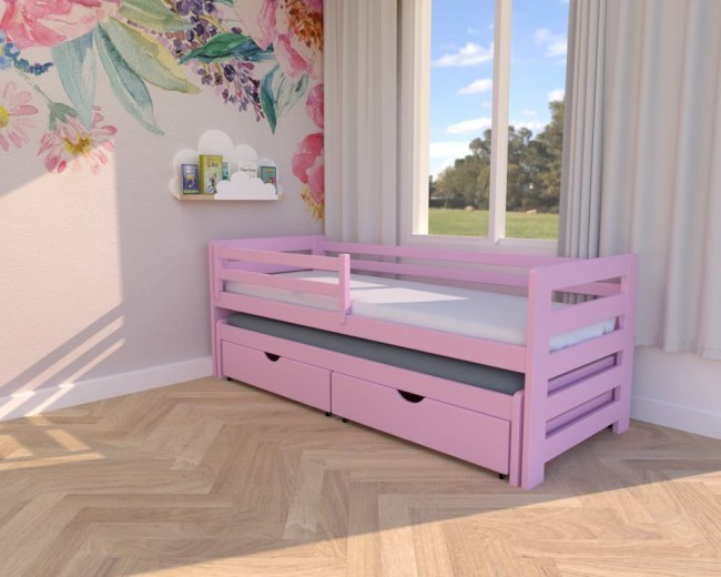 Różowe łóżko dla 8-latki z barierką i wysuwaną dostawką dla gości