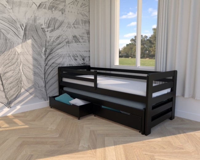 Pojemnik na pościel i wysuwany stelaż w łóżku dziecięcym Jasio