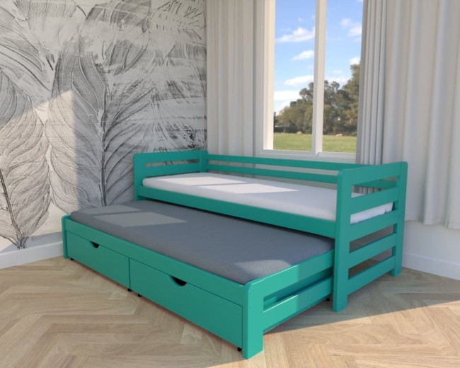 łóżko dla dzieci Jasio Premium,łóżko do pokoju chłopców,wysuwane łóżko podwójne z szufladami na pościel od Valor Meble turkusowe.jpg