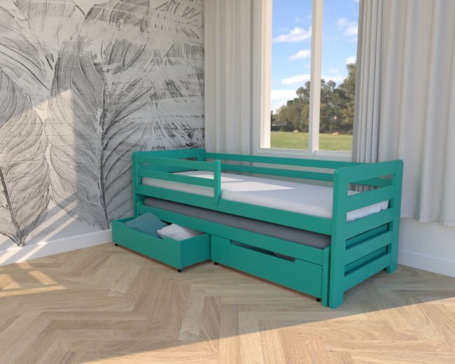 łóżko dwuosobowe dla dzieci Jasio Premium,łóżko do pokoju chłopców,wysuwane łóżko podwójne z szufladami na pościel od Valor Meble turkusowe.jpg