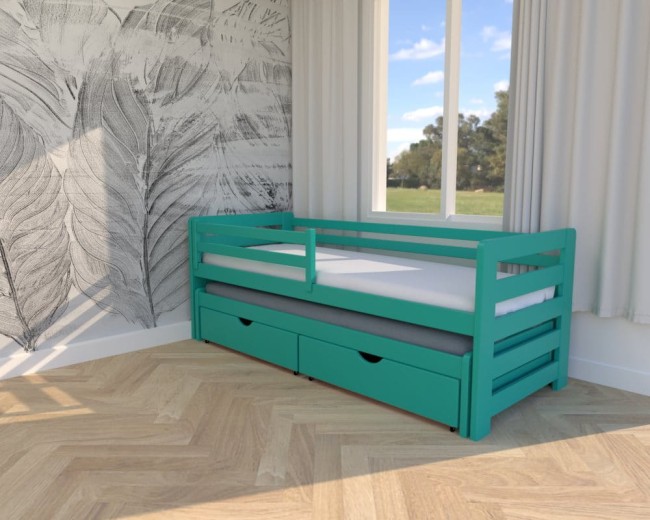 łóżko dwuosobowe dziecięce Jasio Premium,łóżko do pokoju chłopców,wysuwane łóżko podwójne z szufladami na pościel od Valor Meble turkusowe.jpg