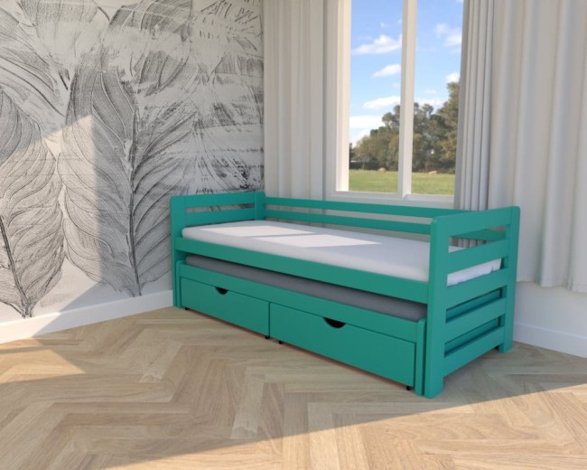 łóżko dwuosobowe młodzieżowe Jasio Premium,łóżko do pokoju chłopców,wysuwane łóżko podwójne z szufladami na pościel od Valor Meble turkusowe.jpg