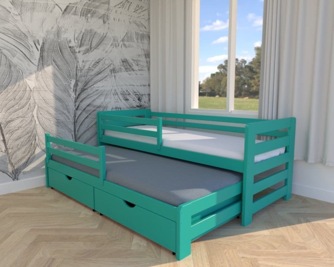 łóżko wysuwane dla dzieci Jasio Premium,łóżko do pokoju chłopców,wysuwane łóżko podwójne z szufladami na pościel od Valor Meble turkusowe.jpg