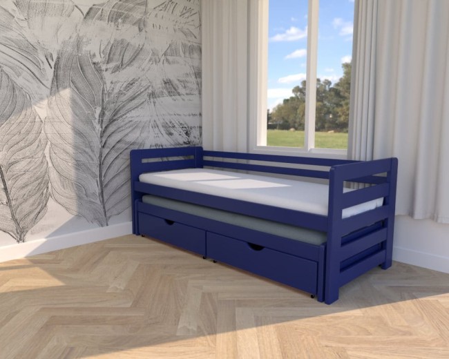 Łóżko Jasio Premium granat z wysuniętą szufladą na pościel w dziecięcej sypialni