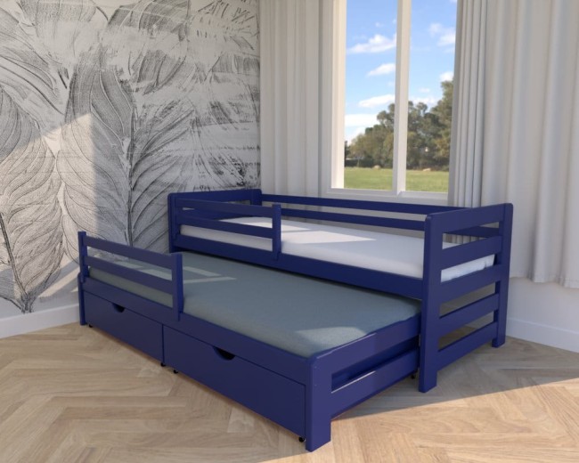 Solidne łóżko z litego drewna sosnowego lakierowane na kolor granatowy navy blue