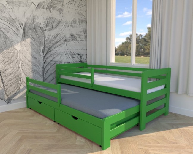 zielone łóżko dla dzieci Jasio Premium,dwuosobowe drewniane łóżko wysuwane do pokoju chłopaka z szufladami na pościel od producenta Valor Meble.jpg