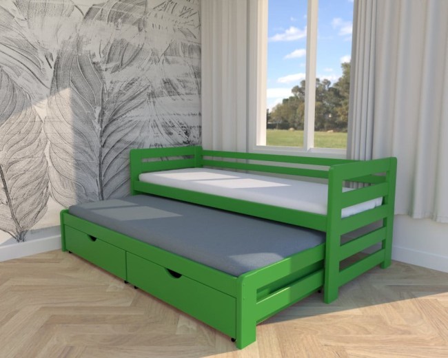 zielone łóżko dla dzieci Jasio Premium,dwuosobowe drewniane łóżko wysuwane do pokoju dziecka z szufladami na pościel od producenta Valor Meble.jpg