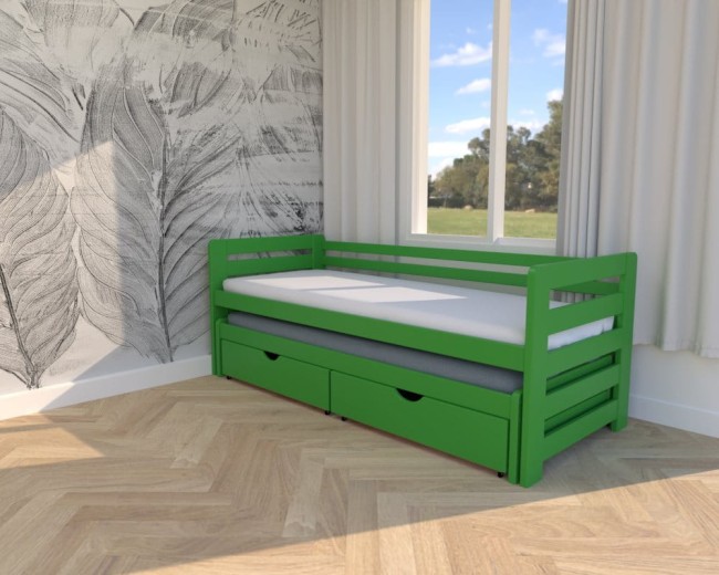 zielone łóżko dla dzieci Jasio Premium,dwuosobowe drewniane łóżko wysuwane do pokoju nastolatka z szufladami na pościel od producenta Valor Meble.jpg