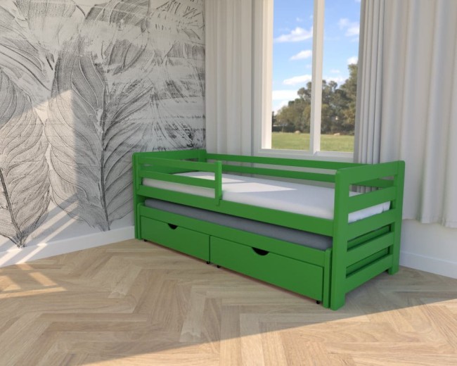 zielone łóżko dla dzieci Jasio Premium,dwuosobowe drewniane łóżko wysuwane do pokoju rodzeństwa z szufladami na pościel od producenta Valor Meble.jpg