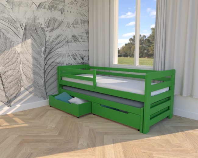 zielone łóżko dla dzieci Jasio Premium,dwuosobowe drewniane łóżko wysuwane z szufladami na pościel od producenta Valor Meble.jpg