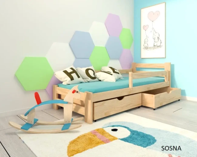 łóżko z drewna sosnowego z szufladą i barierką Paweł 2 Premium