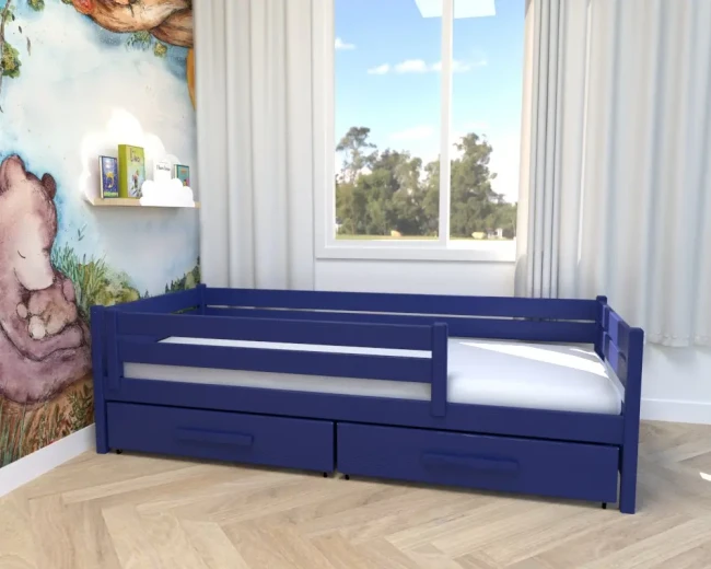 łóżko dla dziecka Merry Classic z szufladami i barierką granatowe.webp