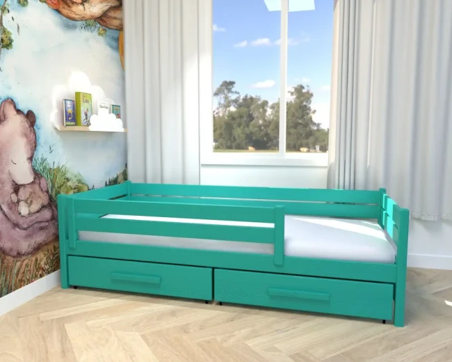 łóżko jednoosobowe dla dziecka Merry Classic z szufladami i barierką turkusowe.webp
