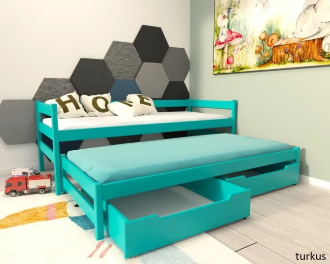 lozko-w-kolorze-turkus-maxi-dla-dwojki-dzieci-wysuwane-rozsuwane-z-szufladami-z-drewna-sosnowego-od-producenta-Valor-Meble.webp