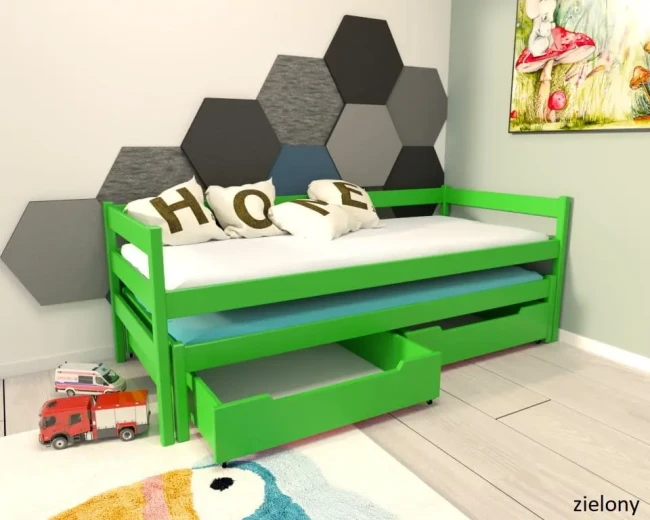 lozko-Wysuwane-Maxi-Premium--dla-dwojki-dzieci-maxi-kolor-zielony-rozlozone-z-barierkami-od-producenta-Valor-Meble.webp