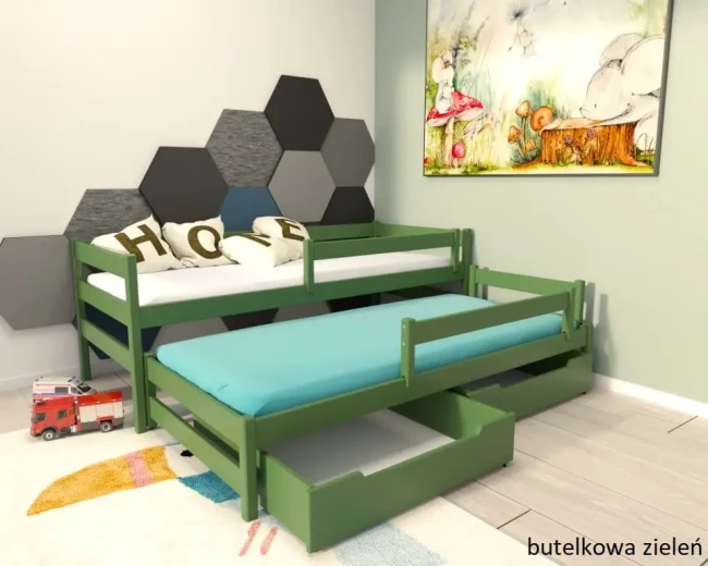lozko-Wysuwane-Maxi-Premium--dla-dwojki-dzieci-maxi-kolor-butelkowa-zielen-rozlozone-z-barierkami-od-producenta-Valor-Meble.webp