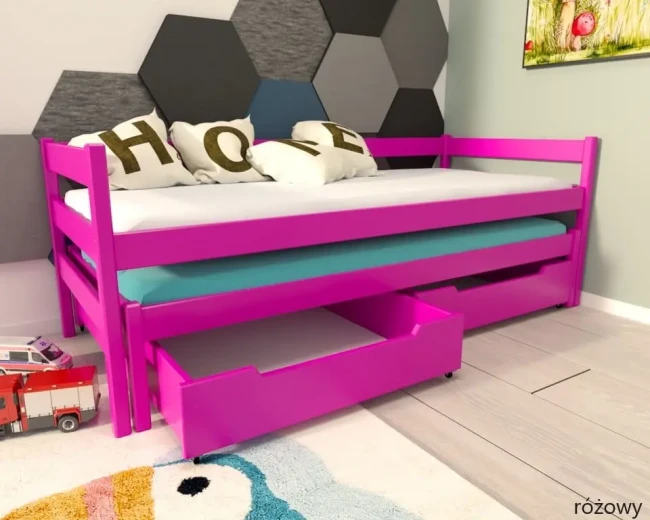 lozko-Wysuwane-Maxi-Premium--dla-dwojki-dzieci-maxi-rozlozone-z-barierkami-od-producenta-Valor-Meble-kolor-rozowy.webp