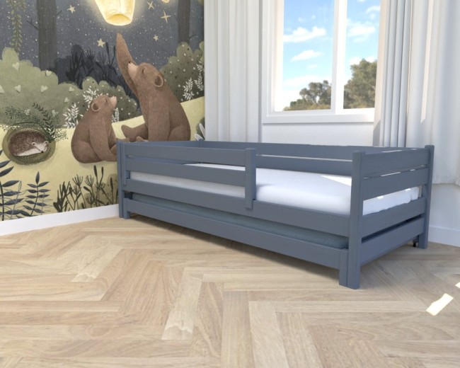 łóżko dla dwójki dzieci Maro Low grafitowe złożone z barierką