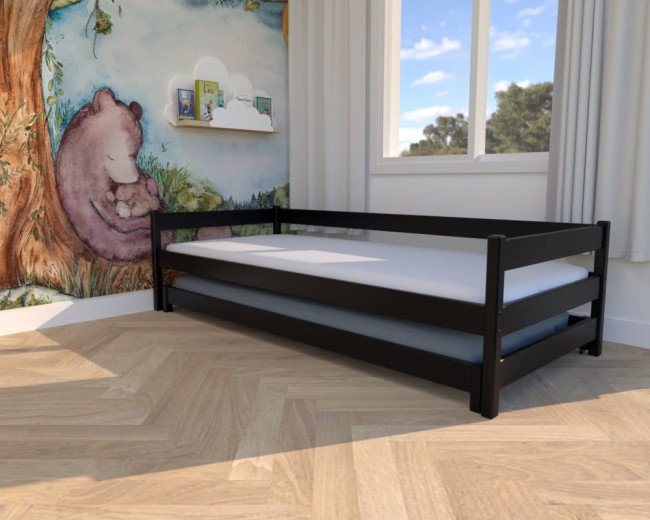 czarne łóżko Maxi Low, niskie łóżko dla dwulatka, łóżko dla rodzeństwa, łóżko dwuosobowe rozsuwane od producenta Valor Meble.jpg