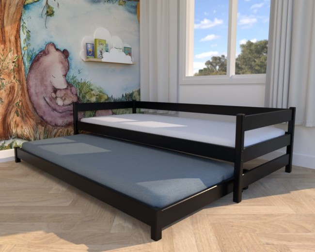 czarne łóżko Maxi Low, niskie łóżko dla dwulatka, łóżko dla rodzeństwa, łóżko dwuosobowe wysuwane od producenta Valor Meble.jpg