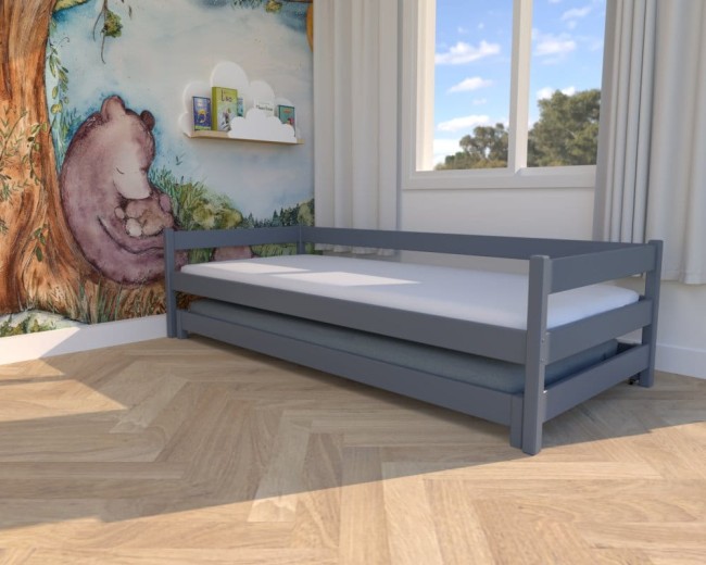 grafitowe łóżko dla dzieci Maxi Low, niskie łóżko dla dwulatków, drewniane łóżko dla rodzeństwa, dwuosobowe łóżko wysuwane od producenta Valor Meble.jpg