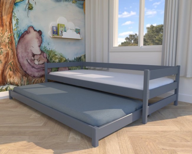 łóżko dla dzieci Maxi Low,grafitowe niskie łóżko dla dwulatków, drewniane łóżko dla rodzeństwa, dwuosobowe łóżko wysuwane od producenta Valor Meble.jpg